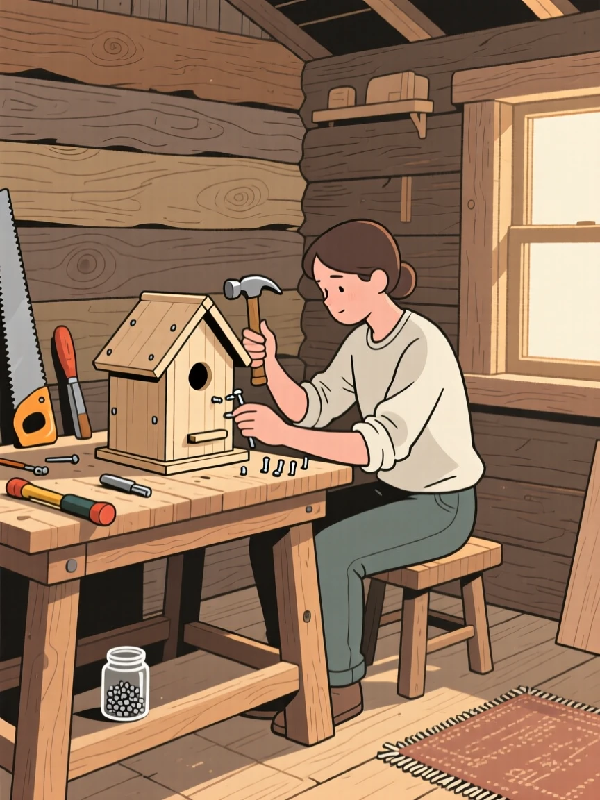 A person building a birdhouse in a rustic cabin.