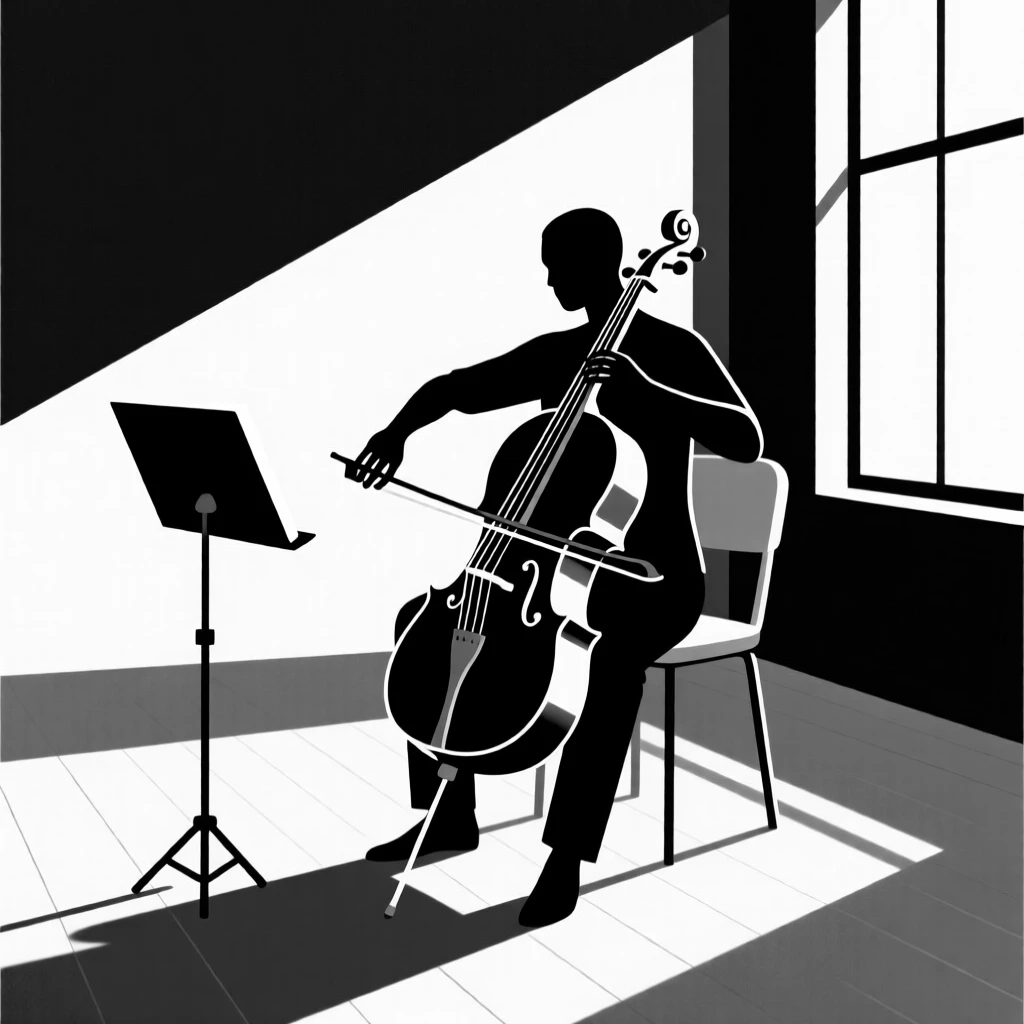 A cellist rehearsing alone in a sunlit studio.