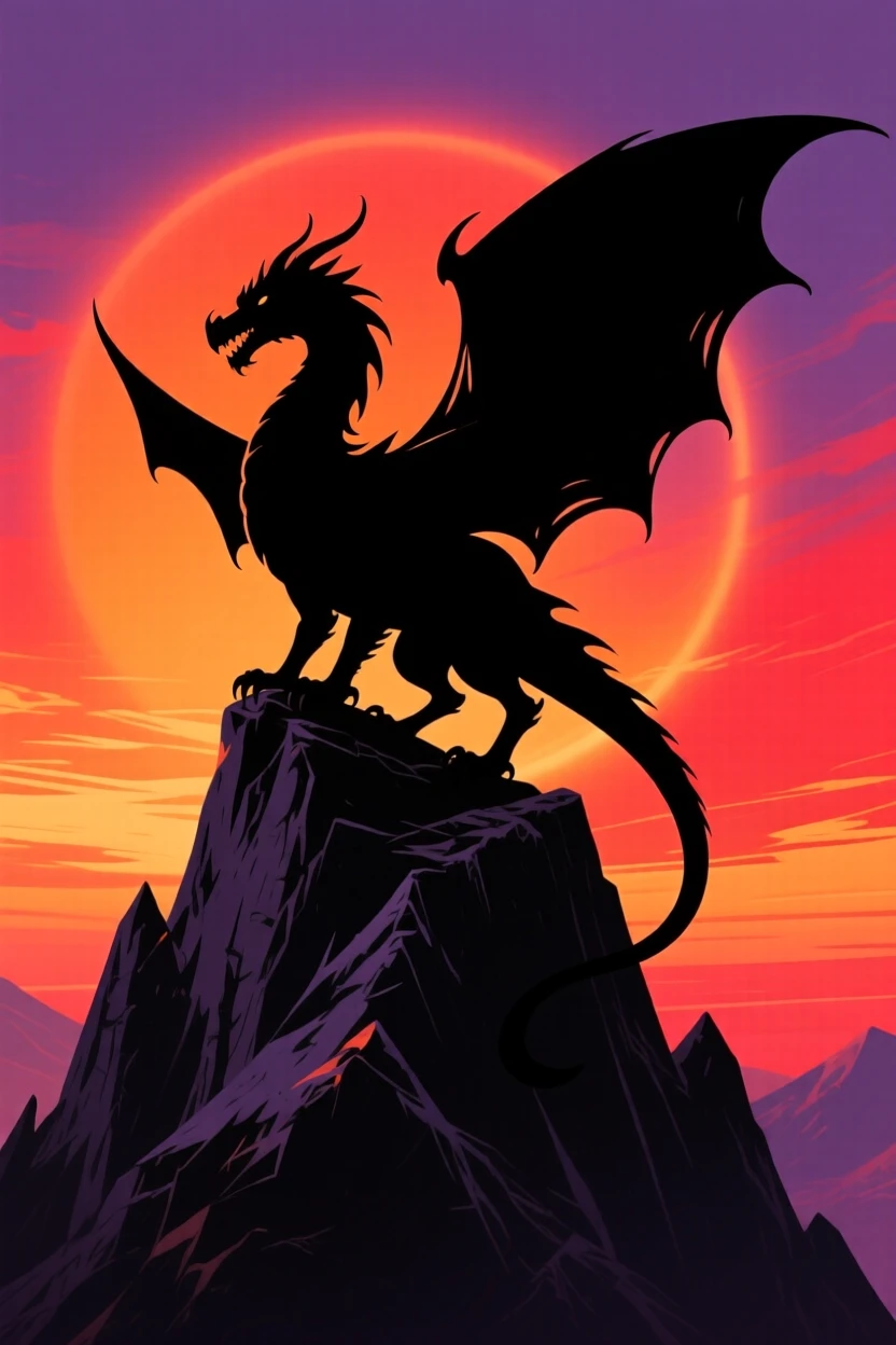 A dragon perched atop a mountain peak, wings wrapped around its body like a cloak.