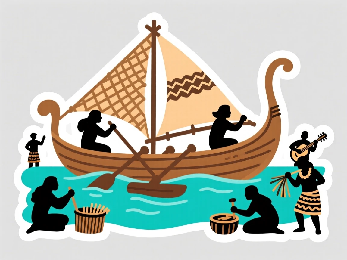 A charmingly authentic Polynesian outrigger canoe on turquoise water, with locals going about their day, at the peak of a local festival.