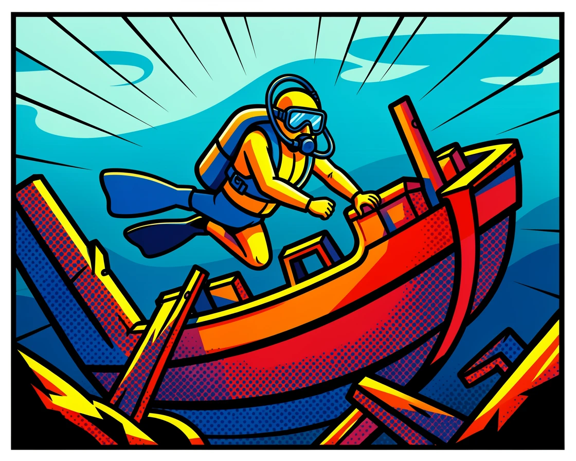 A scuba diver exploring a sunken shipwreck