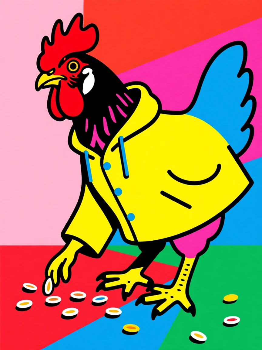 Chicken wearing a tiny raincoat pecking at seeds
