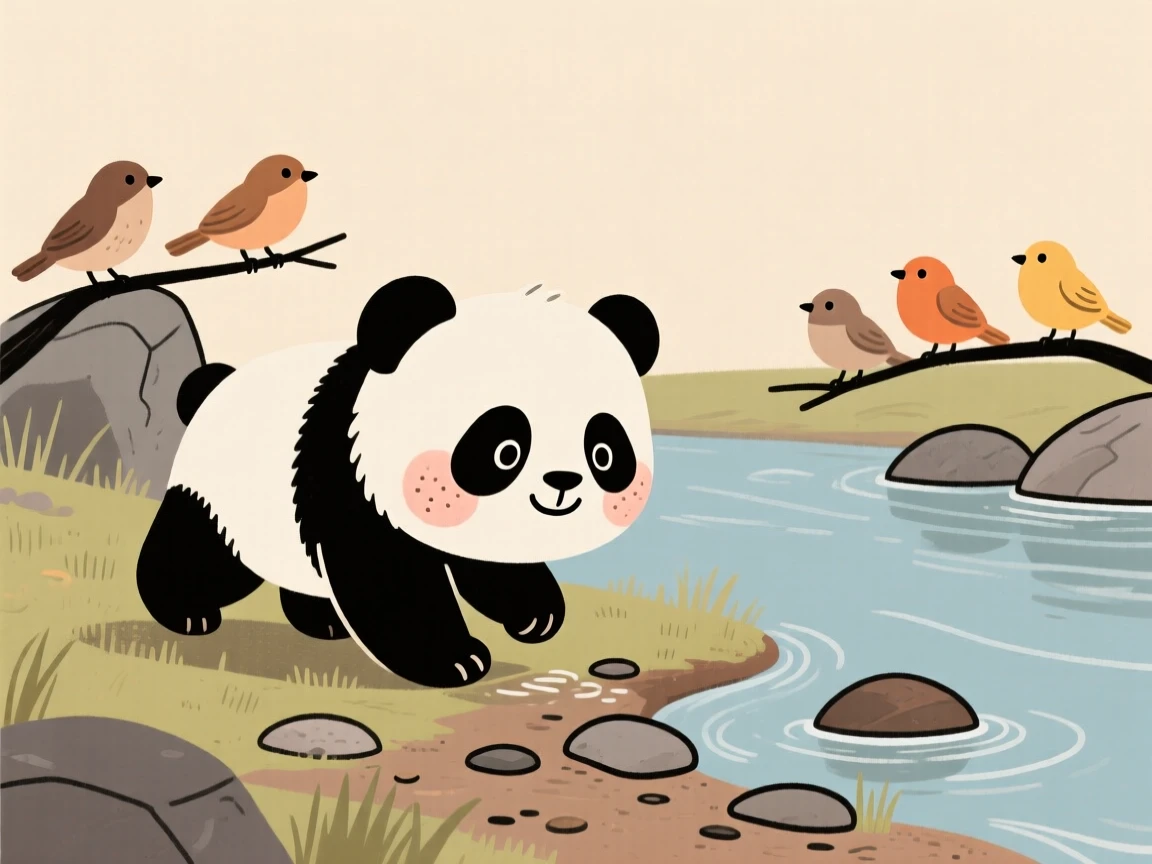 A young panda cub explores a riverbank for the first time, taking wobbly first steps while a nearby flock watches with gentle patience.