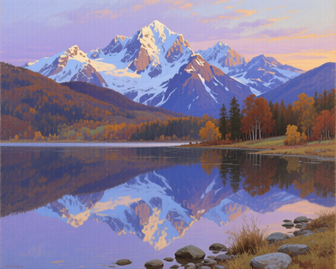 A sweeping wide shot of a snow-capped mountain range reflected in a still alpine lake, at twilight, in mid-autumn.