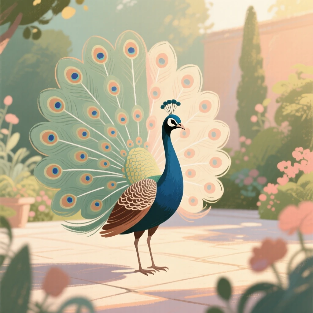 A peacock displaying its full tail in a garden courtyard