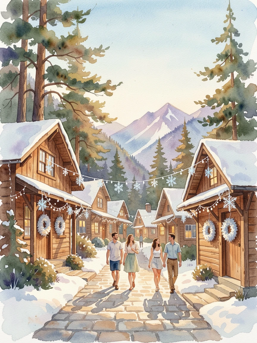 A mountain village lit up for a winter festival on a clear summer afternoon with travelers strolling along the path.
