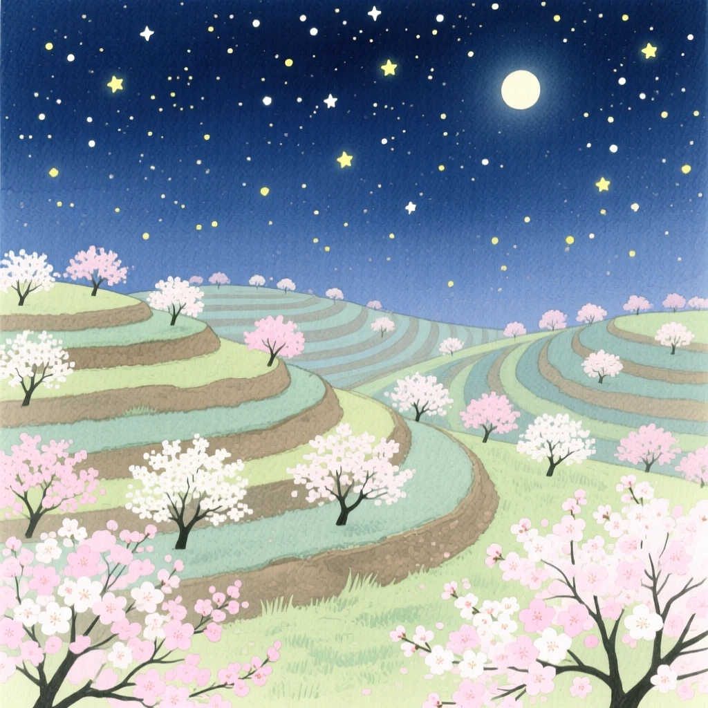 A breathtaking view of an orchard in full bloom under a canopy of stars, where terraced fields catch the light