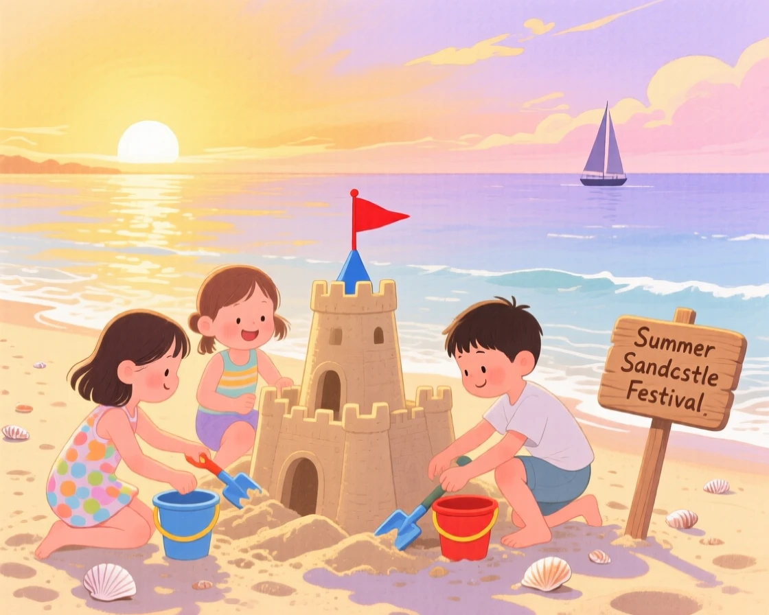Children building sandcastles during a golden summer sunset, filled with seasonal charm.
