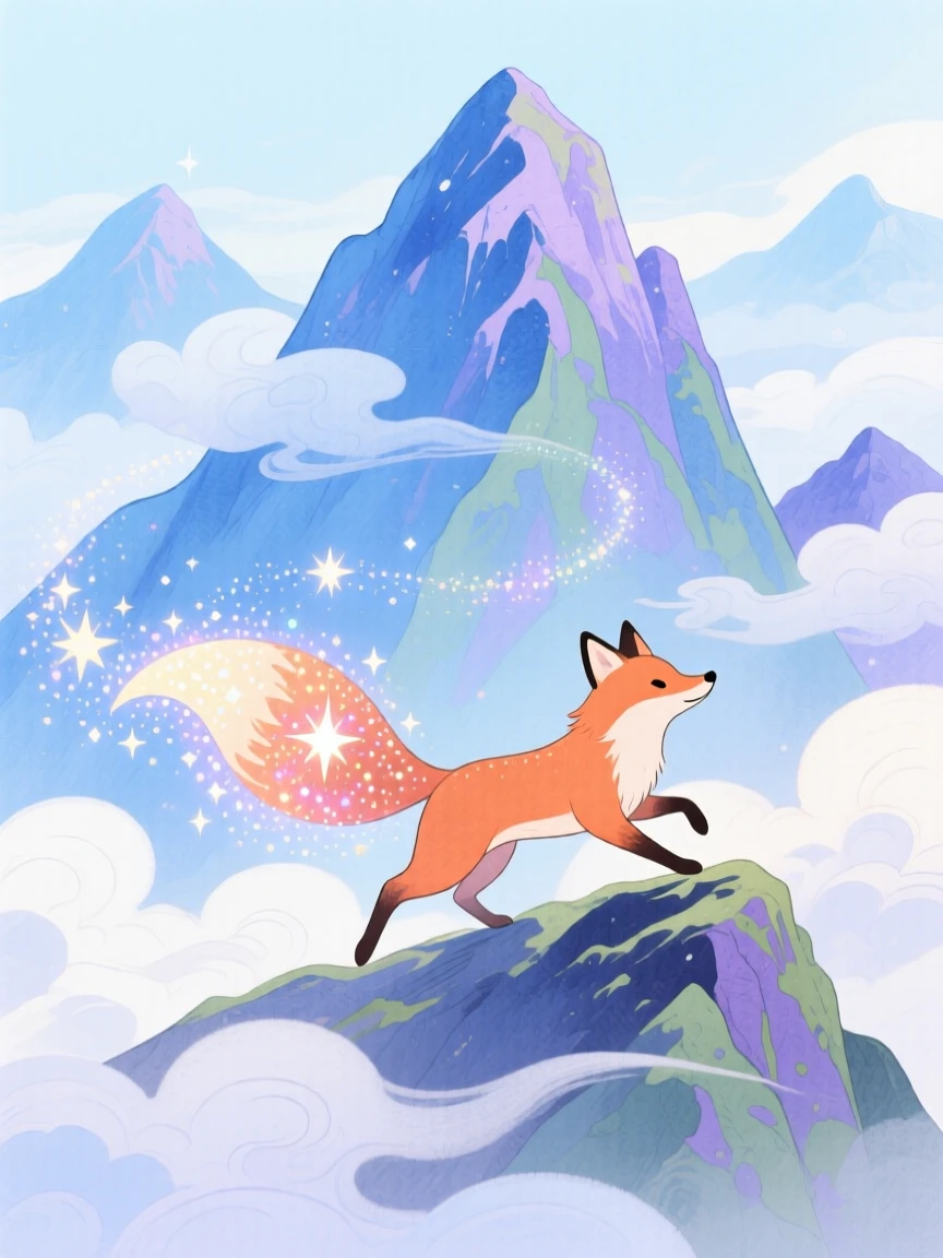 A star-tailed cosmic fox leaving a trail of sparkling stardust as it moves, in a mystical mountain peak wrapped in clouds, sparking pure childlike delight.