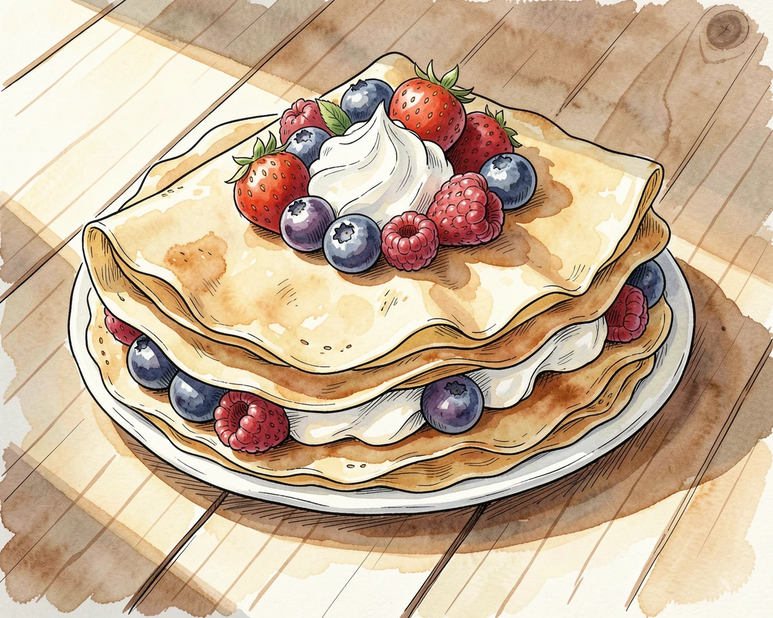 A stack of crepes filled with fresh berries and whipped cream, sunlight streaming across the table, highlighting every texture.
