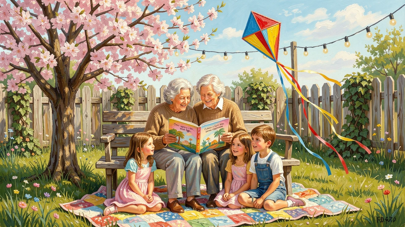Grandparents reading a story to their grandchildren, a kite dancing and dipping in the breeze above, in a rustic backyard strung with fairy lights, on a bright, cheerful spring morning.