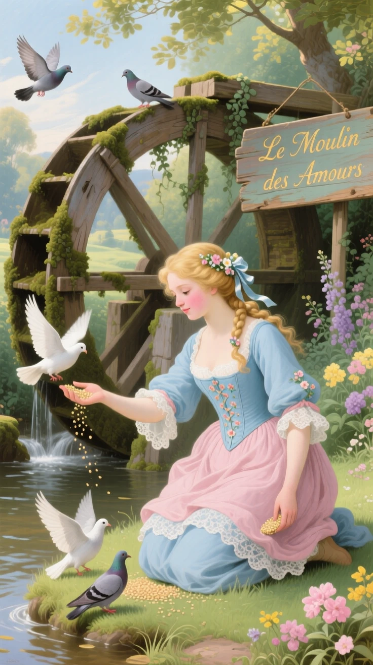 A miller’s daughter feeding doves beside an old waterwheel  