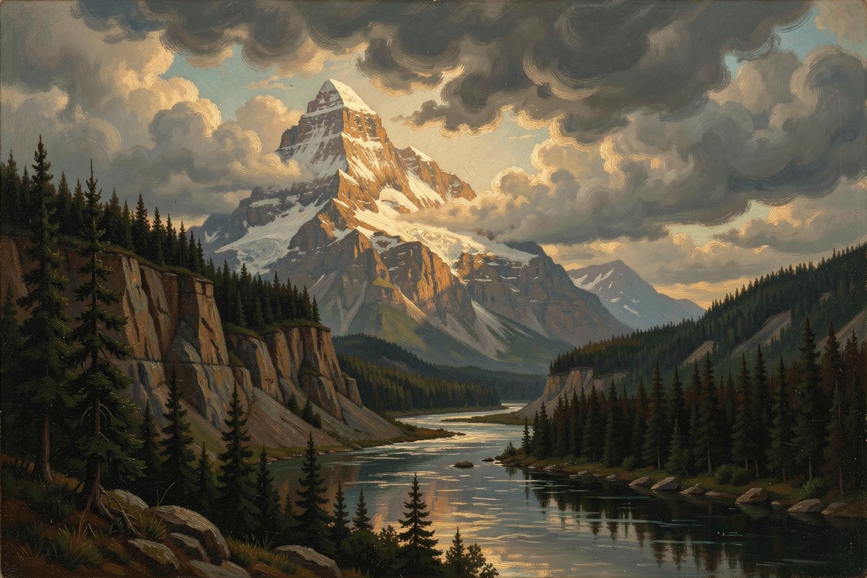 Sunlight breaks through clouds to illuminate a single snowy peak.