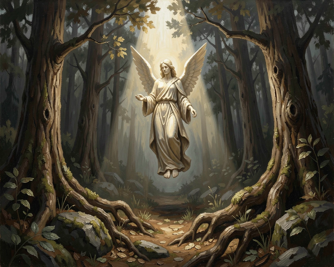 A celestial being descending gently through a beam of heavenly light, with a sense of scale that conveys awe and grandeur, designed to captivate the imagination while feeling grounded in realism
