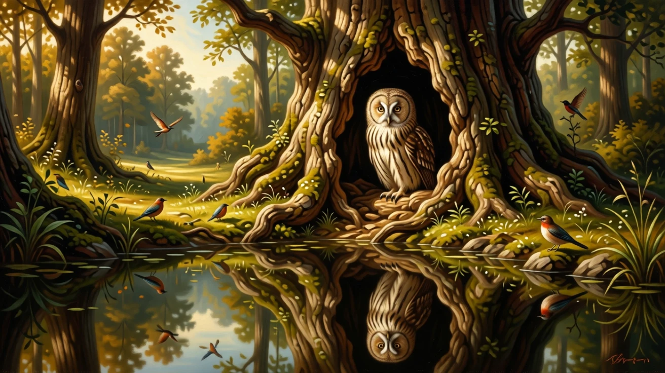 A wise old owl perched silently in an ancient hollow tree at the peaceful, unguarded heart of the natural world, set within a sunlit forest clearing alive with birdsong, with reflections in still water doubling the beauty of the moment; a low, respectful vantage point lends the creature quiet majesty, filled with gentle warmth and admiration for living creatures.
