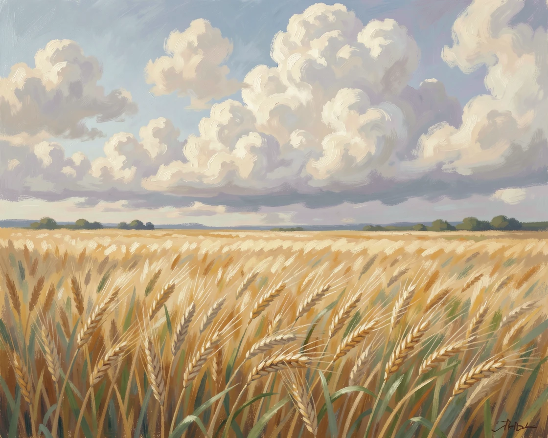 A field of golden barley swaying in the wind beneath a dramatic sky filled with towering cumulus clouds, radiating serenity and gentle stillness.