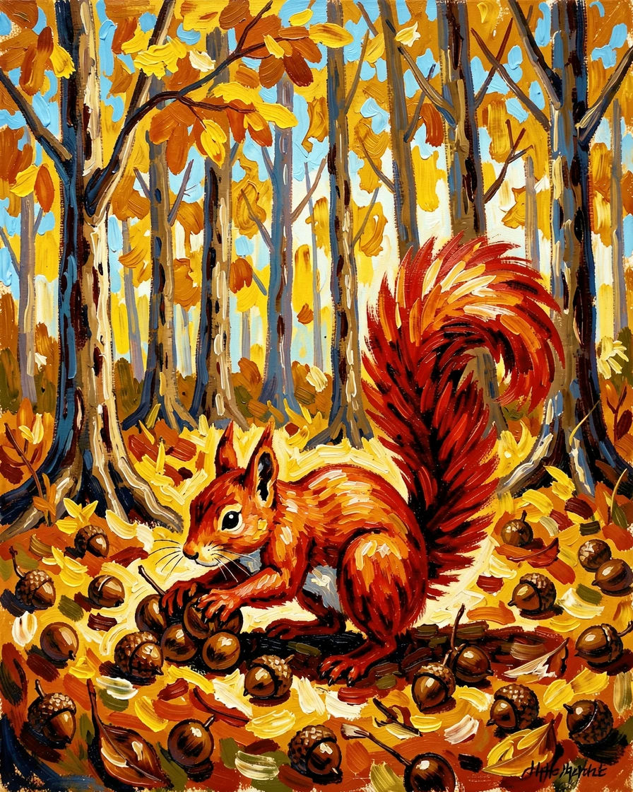 A red squirrel gathering acorns in a golden autumn forest.
