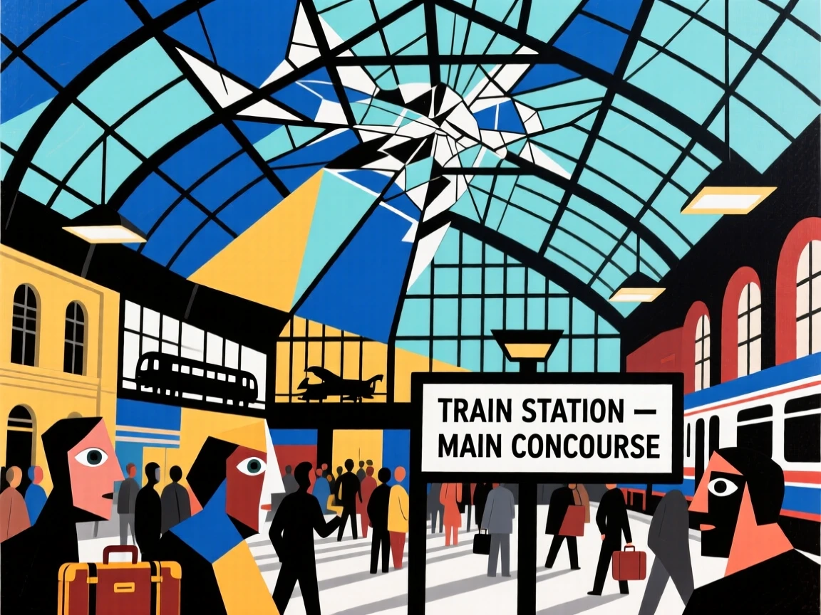 An elegant architectural view of a bustling train station hall beneath a vaulted glass ceiling.