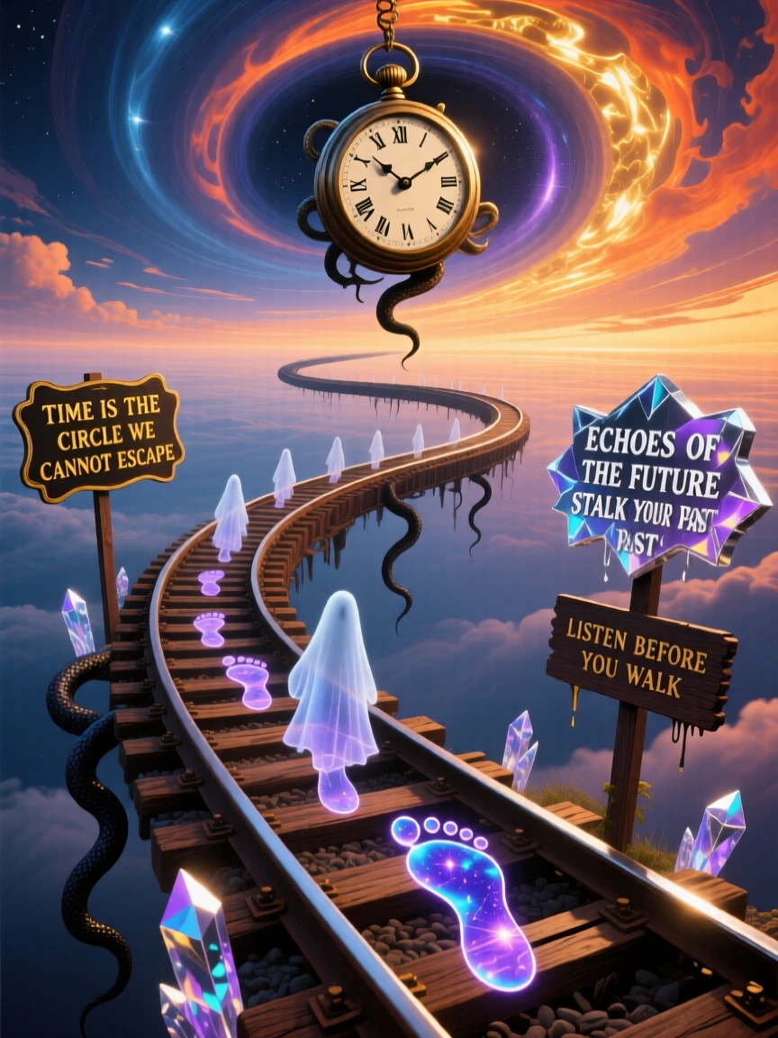 A train track that curves endlessly into an infinite loop hums with a strange, looping quality of time, while echoes of footsteps arrive before they are taken.