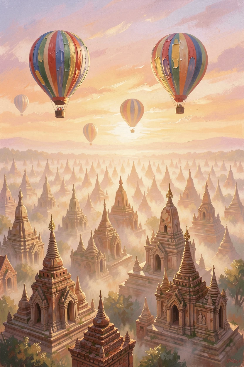 The ancient city of Bagan reveals thousands of temple spires scattered across the plain at sunrise, hot air balloons drifting above the mist, small architectural details rewarding a closer look at the surrounding structures.