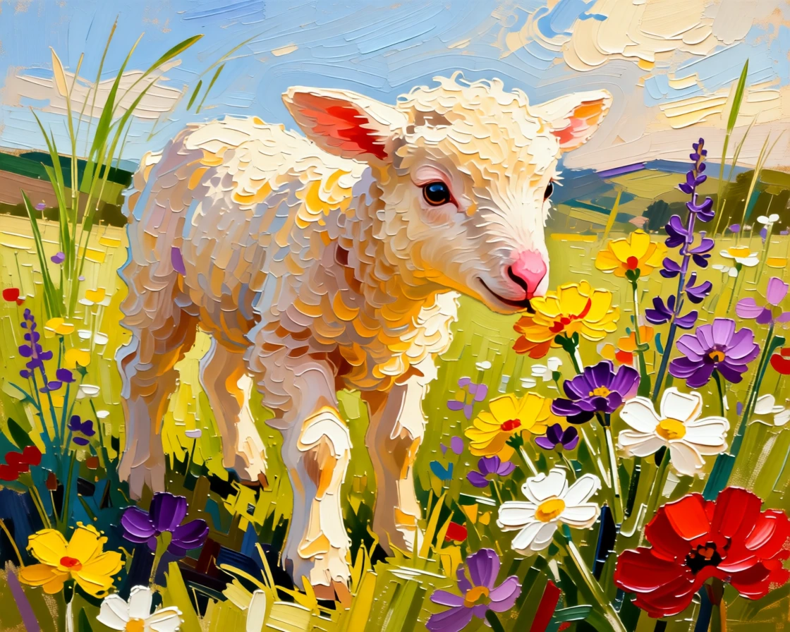 A heartwarming photo of a lamb exploring a patch of wildflowers for the first time