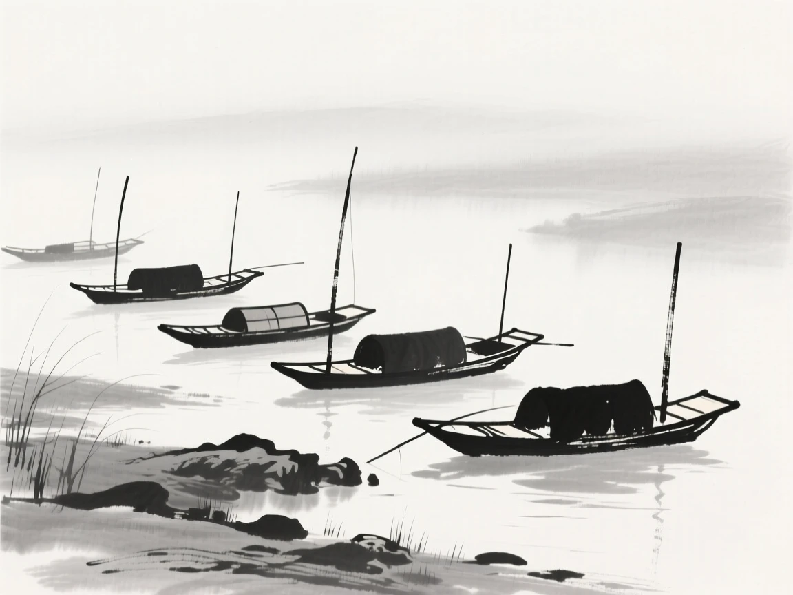 A row of small fishing boats rests along a misty shoreline, with mist rising gently from the water's surface.