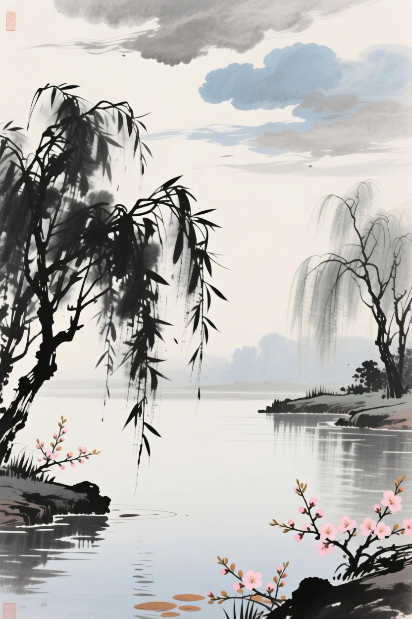 A quiet pond bordered by drooping willow branches, beneath low hanging clouds, touched with gentle melancholy, as spring blossoms unfold.