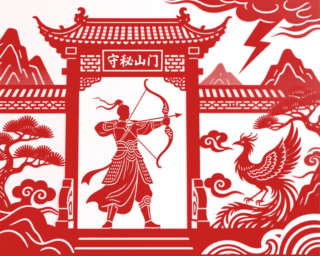 A celestial archer, guarding the gate of a hidden mountain temple, as thunder rumbles across distant peaks.