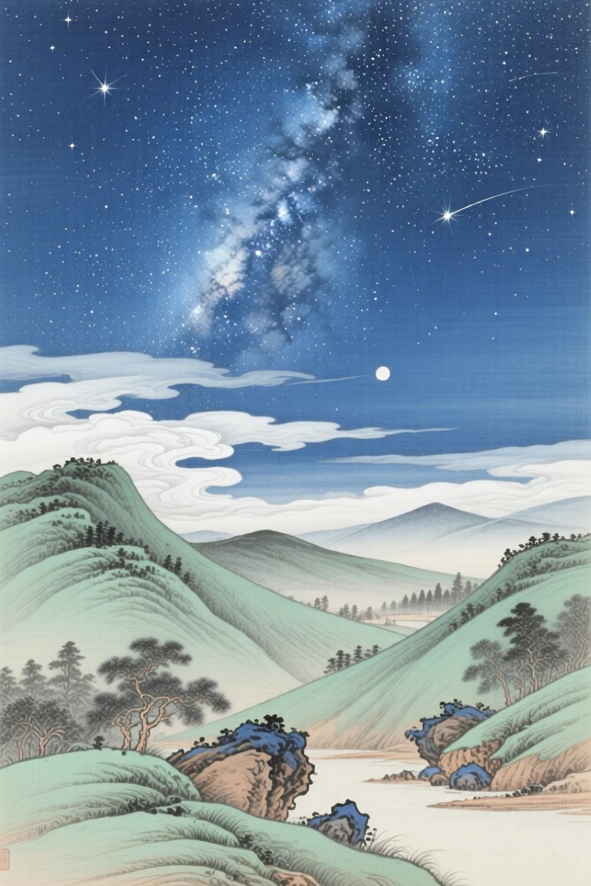The milky way stretching over a quiet valley, with wisps of cloud drifting past the stars