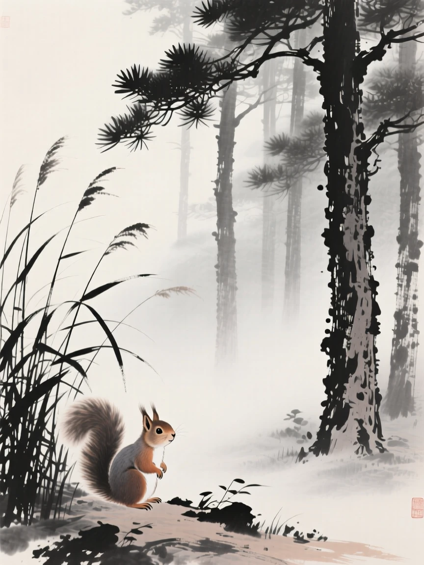 A squirrel watching quietly from behind a stand of reeds in a misty pine forest, viewed through a gentle veil of morning mist, suggesting calm alertness within a peaceful world.