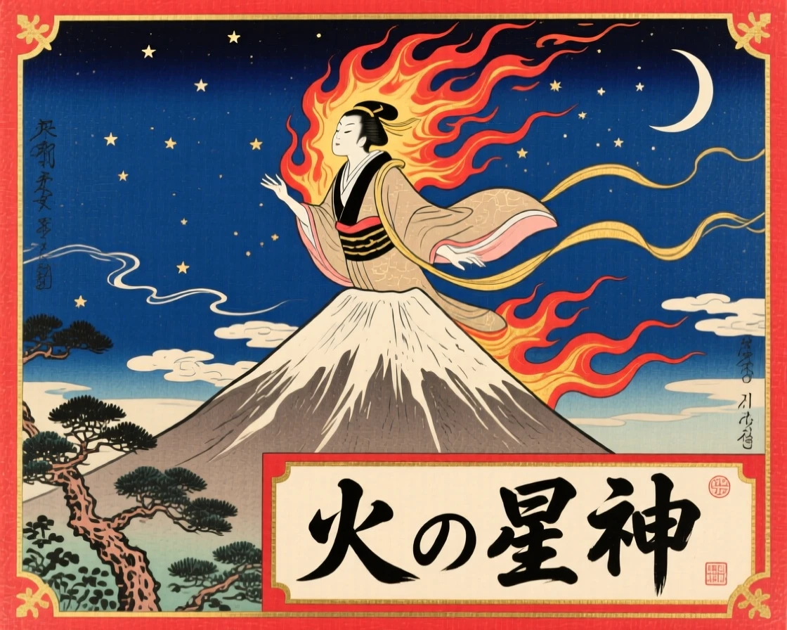 A star-born deity bursting into flame above a mountain peak.