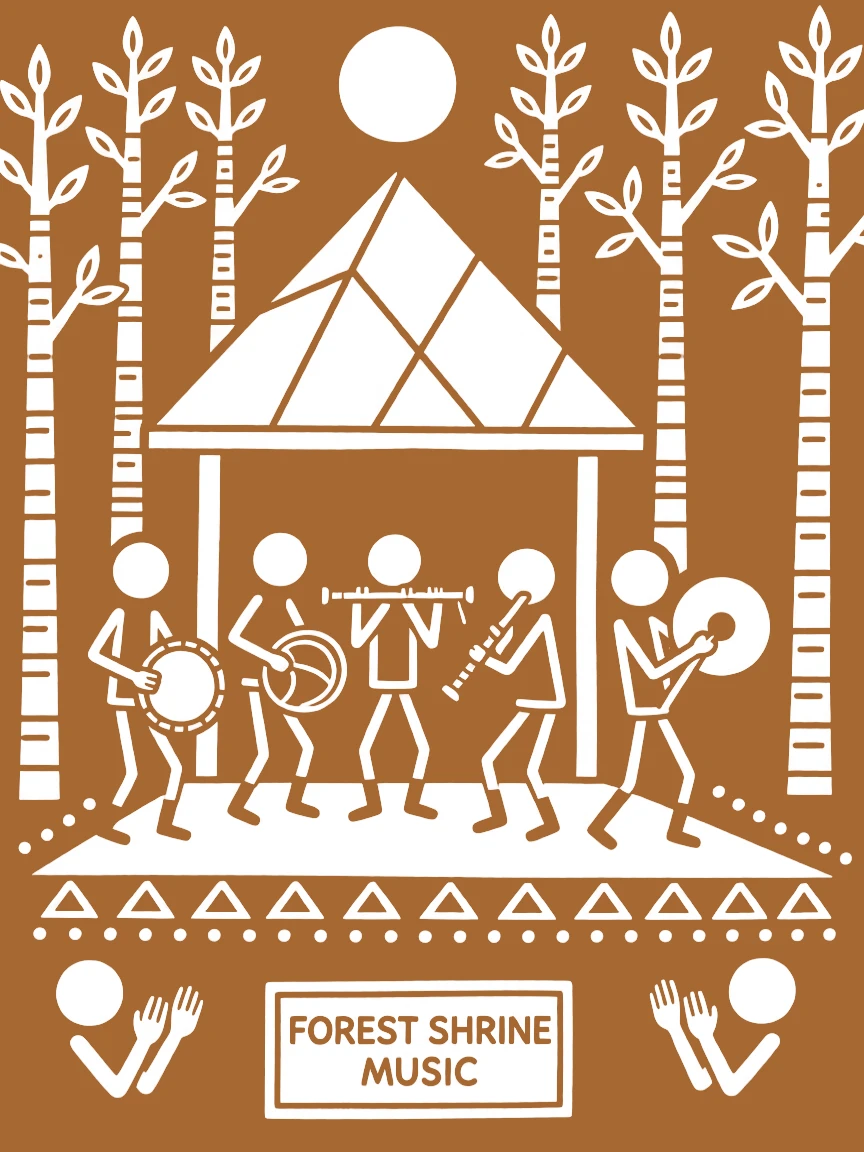 A group of temple musicians at a small forest shrine.