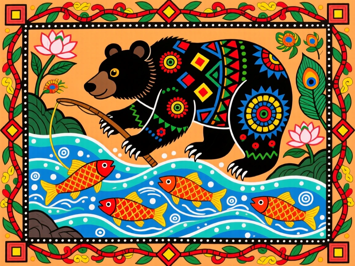 A black bear fishing for salmon in a rushing mountain stream.