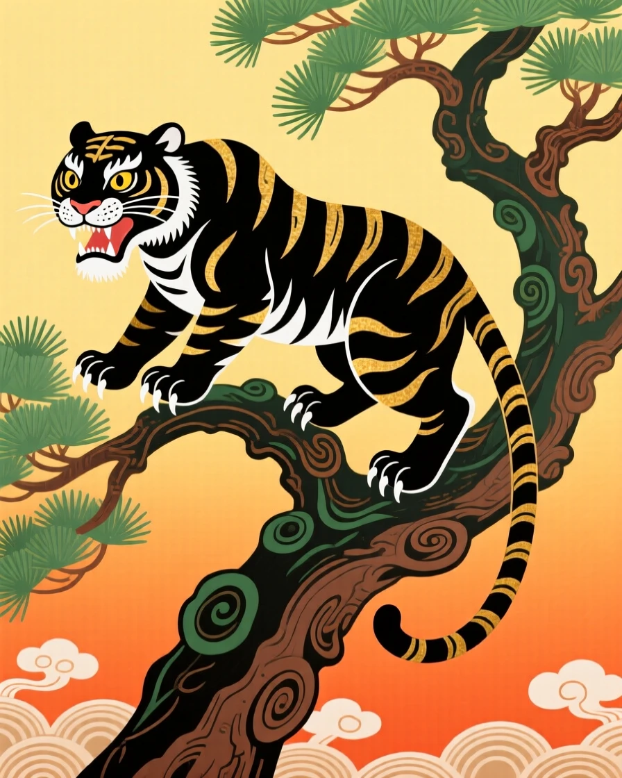 A fierce black tiger, perched atop an ancient pine.