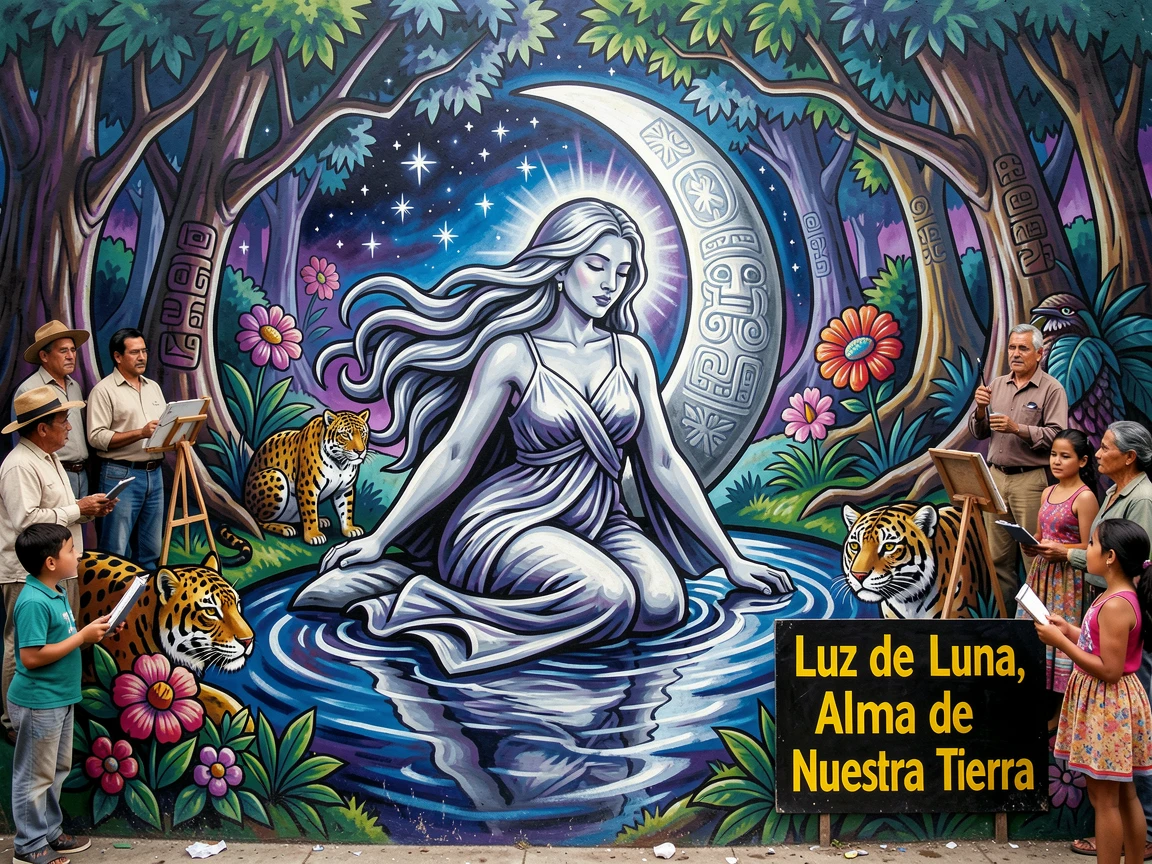 A moon goddess bathing in a starlit forest pool