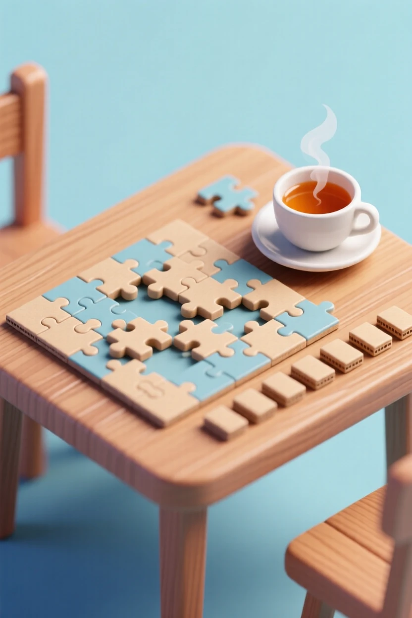 A puzzle enthusiast's table with a thousand-piece jigsaw half-completed, edge pieces sorted neatly, and tea steaming nearby.