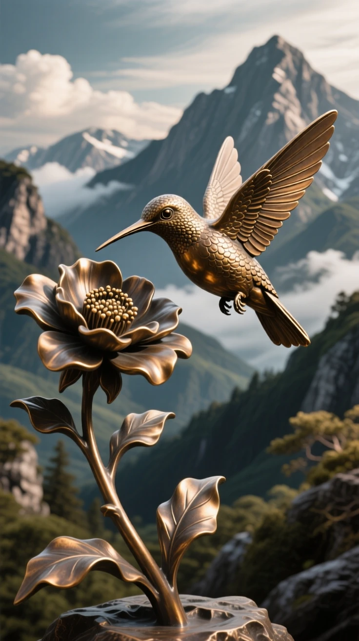A hummingbird hovering beside a blooming flower, framed by dramatic natural scenery, evoking wonder and majesty