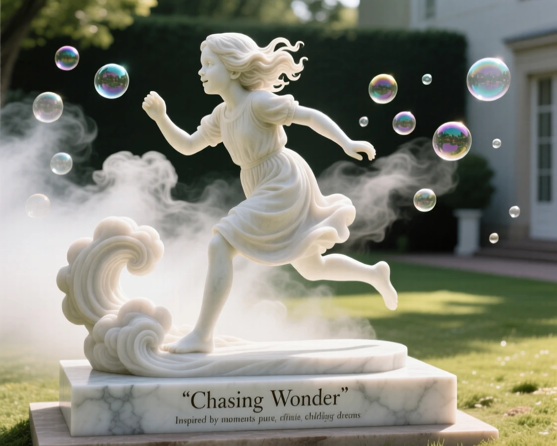 A beautifully composed image of a young girl chasing bubbles in a sunlit yard, amid swirling clouds and mist, full of atmosphere and visual storytelling