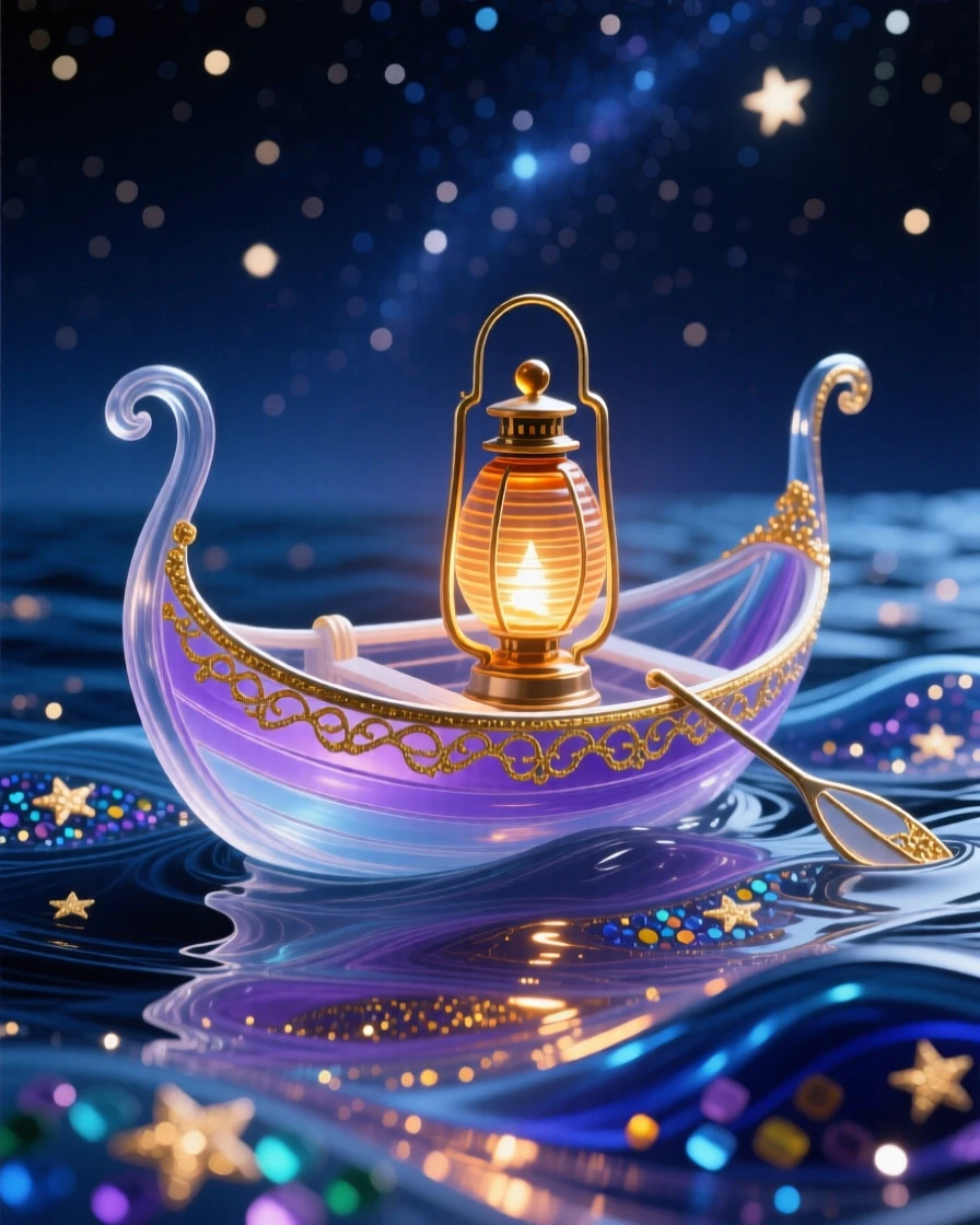A tiny rowboat carrying a lantern across a sea of stars, poetic and serene.