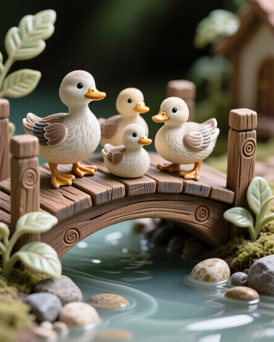 A duckling family crossing a wooden bridge captured in a charming, storybook moment, set within a cozy, detailed miniature world, radiating coziness and storybook charm.