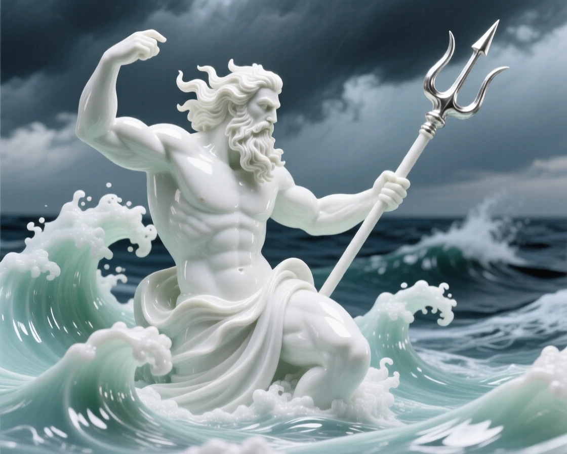 A mythological moment: Poseidon rising from the waves commanding a storm over the ocean, rendered with timeless, classical grace.