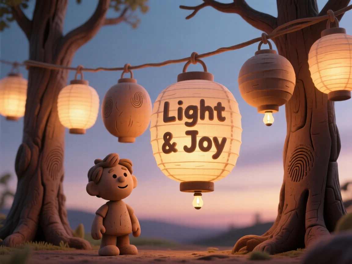 A collection of paper lanterns strung between two trees at dusk