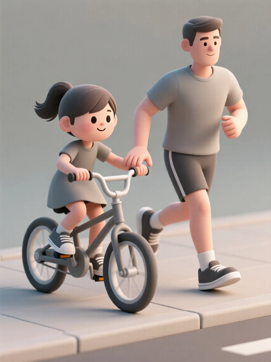 A determined girl learns to ride a bicycle without training wheels, parent jogging alongside with a steadying hand.