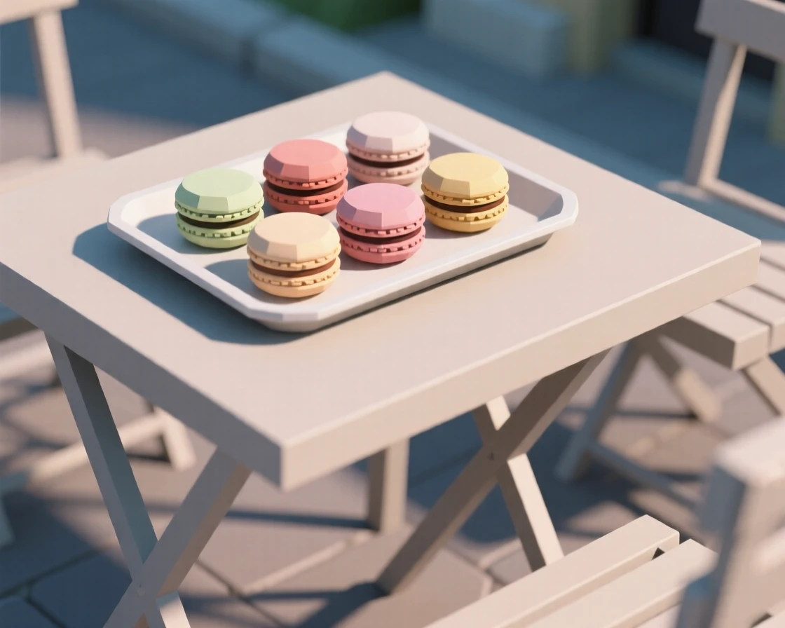 A tray of colorful macarons, at an outdoor café table. vibrant colors are enhanced by careful arrangement. It captures a simple, joyful moment.