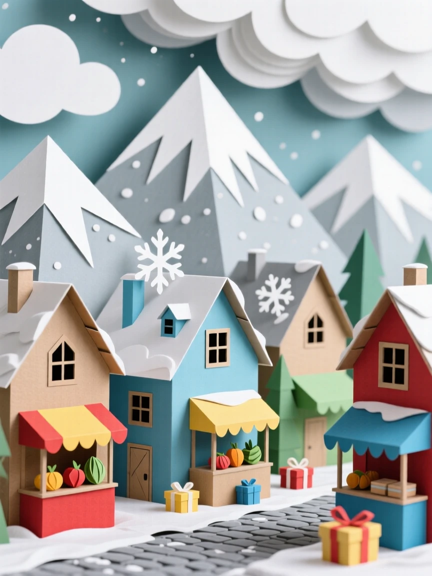 A snow-dusted alpine town framed by dramatic clouds overhead, with vibrant market stalls scattered about, evoking quiet, timeless beauty.