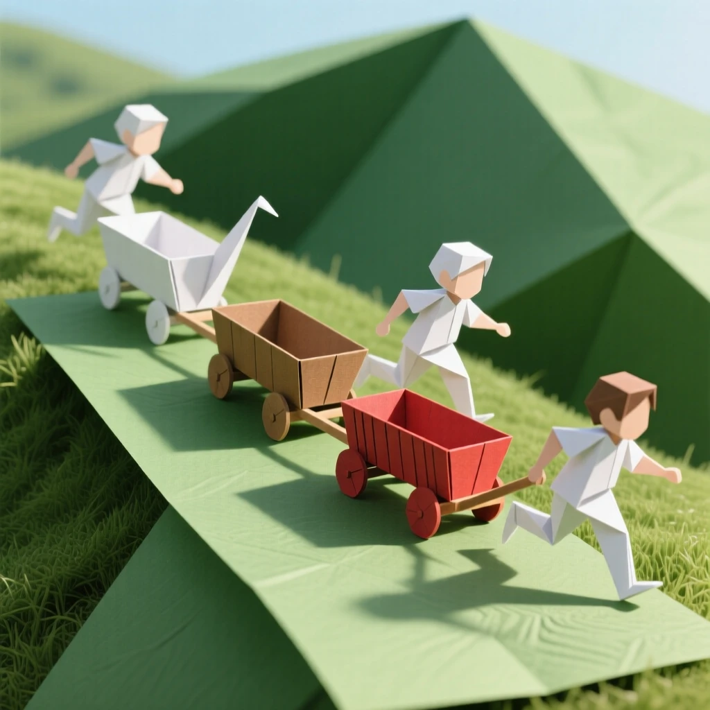 A group of children racing wagons down a gentle grassy hill.