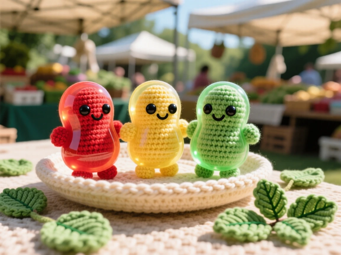 A delightful still-life of a cheerful trio of colorful jellybeans lined up on a small dish, catching the light in bright translucent colors within a sunny outdoor farmer's market stall; a scattering of fresh mint leaves nearby, full of bright, appetizing cheerfulness.