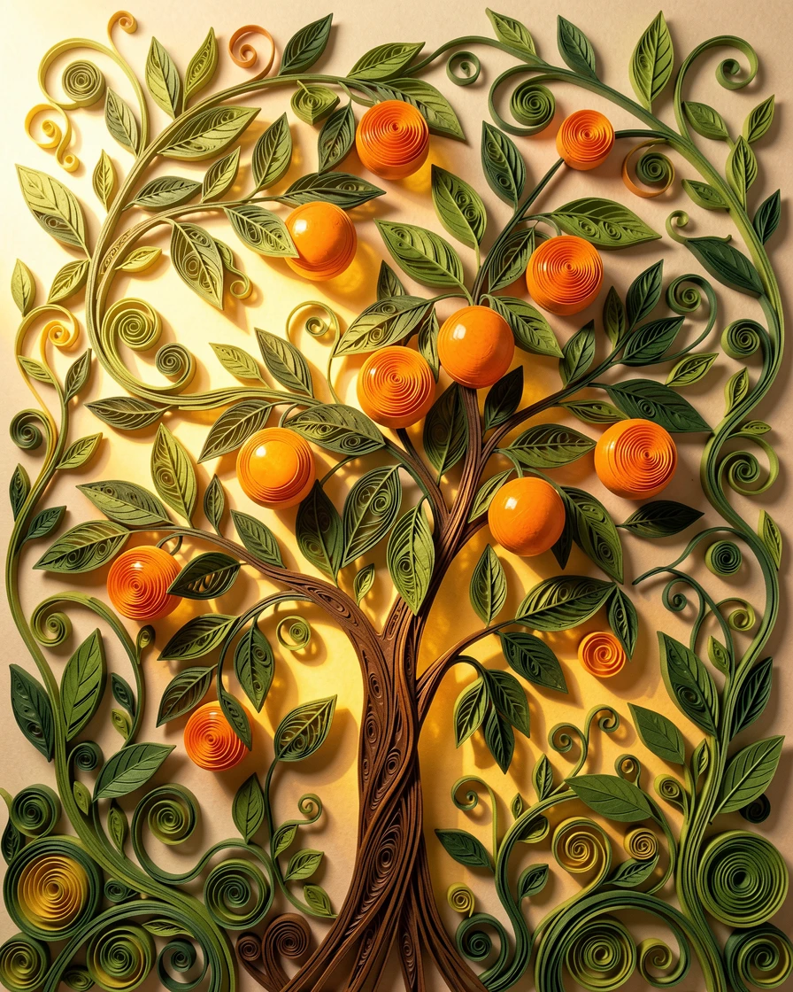 A serene botanical study of a citrus tree heavy with ripe oranges in an overgrown secret garden corner, with soft golden hour light washing over the scene, shot from a low angle looking up toward the light.