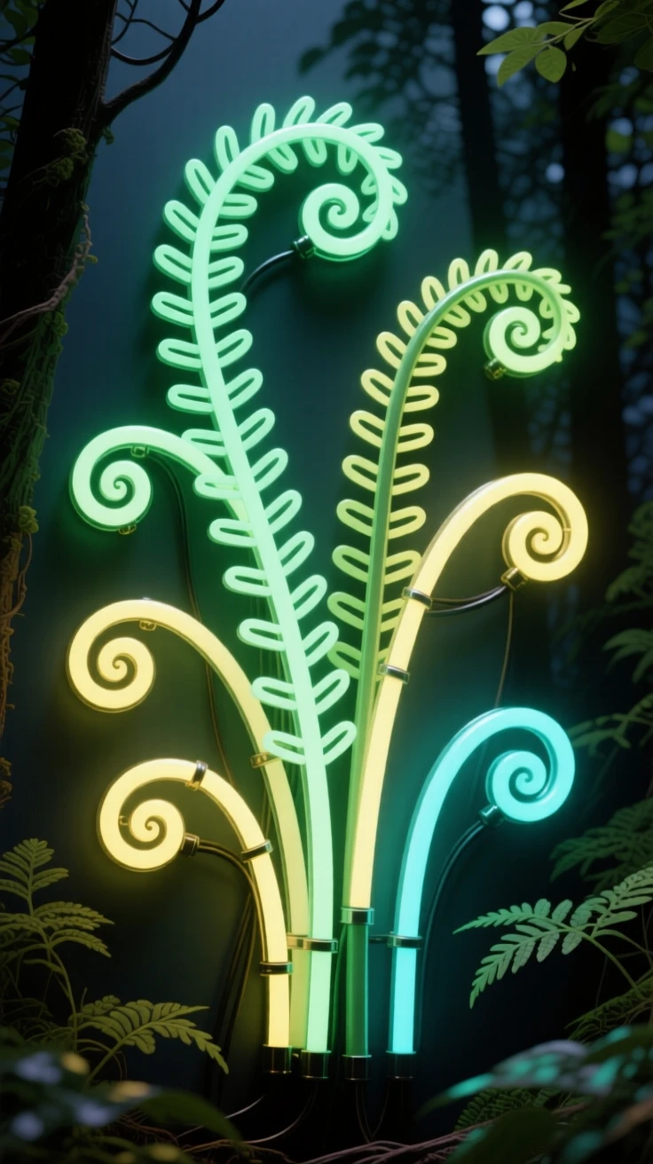A cluster of fiddlehead ferns unfurling in a shaded forest grove.