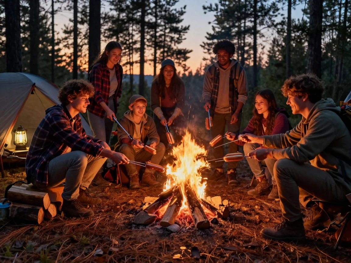A group of campers roasting hot dogs over a fire